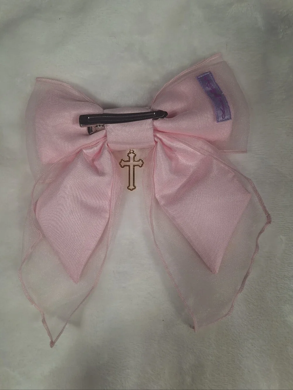 Angelic Pretty Soft Pink Sheer Ribbon Cross Hair Clip | Classic Lolita